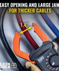Auto Ranging Digital Clamp Meter With True RMS for AC and DC current measuring a thick cable with 1.4 inch jaw opening