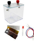 Hands On Galvanic Cell Experiment Kit For High School Chemistry Redox Demonstrations With Copper Iron And Zinc Electrodes Battery Simulation Device For Visualizing How Chemical Energy Converts To Electricity. Clear container, metal electrodes, red and blue wires visible.