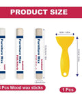 3 Premium Wood Filler Sticks beside a yellow scraper, dimensions labeled for easy reference, each stick 10.5cm long.