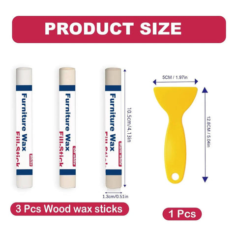 3 Premium Wood Filler Sticks beside a yellow scraper, dimensions labeled for easy reference, each stick 10.5cm long.