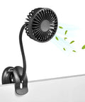 Clip On USB Mini Desk Fan With Emergency Power Bank attached to desk, flexible neck, shown blowing air with leaves