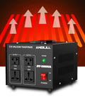 Front view of Beefy 1000 Watt Voltage Converter Transformer For 110V And 220V Devices with power switch and outlets, arrows indicating voltage flow.