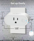 Smart Plug 4-Pack With Energy Monitoring, 15A 1800W Outlet showing dimensions and plug design on brick wall background