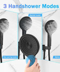 Shower System, 2-Function Concealed Set with Solid Brass Control Valve showing 3 handshower modes on a sleek black showerhead.