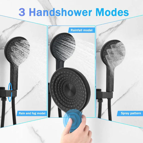 Shower System, 2-Function Concealed Set with Solid Brass Control Valve showing 3 handshower modes on a sleek black showerhead.
