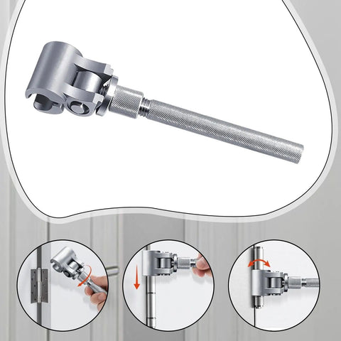 Beefy Stainless Steel Door Hinge Adjustment Tool with adjustable wrench for doors, gates, cabinets, featured in use on hinges.