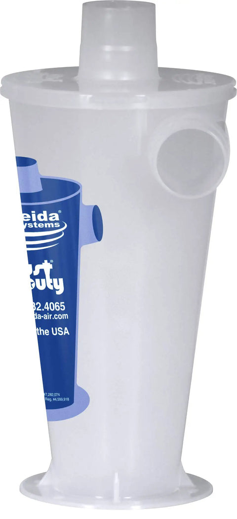 Dust Deputy DIY Anti Static Retrofit Cyclone Separator For Wet And Dry Shop Vacuums, shows clear plastic cyclone unit.