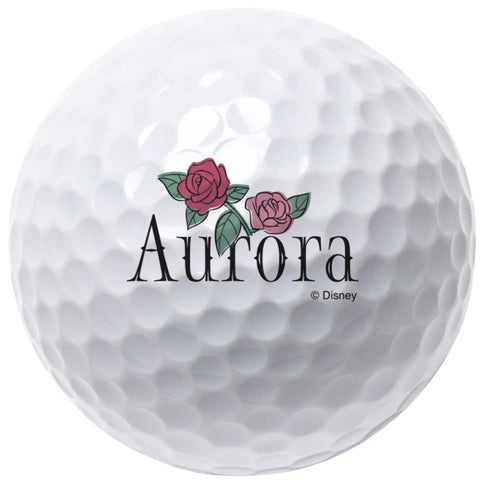 Close-up of Disney Princess Aurora Golf Balls Four Pack With Officially Licensed Artwork Premium Gift Ready Packaging Collectible Disney Quality For Fans And Golf Lovers showing Aurora text and roses on white.