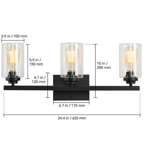 Black 3 Light Vanity Wall Sconce With Clear Glass Shades Vintage Industrial Vibe Over Mirror Lighting with dimensions shown