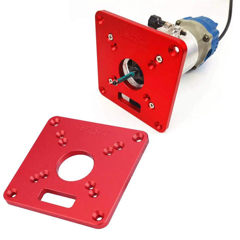 Drop In Ready 6061 Aluminum Router Table Insert Plate With Precision Center Bushing For Dead On Alignment On Woodworking Trimmers And Diy Shop Project Upgrades, red plate with bushing and router.