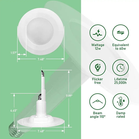 Infographic of 4 Pack 5 To 6 Inch LED Recessed Can Lights With Adjustable Length, Retrofit Downlights, dimensions and features highlighted