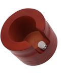 Top view of solid wood red portafilter holder stand, precision slot for tamping, fits 51mm and 54mm filters, espresso accessory.