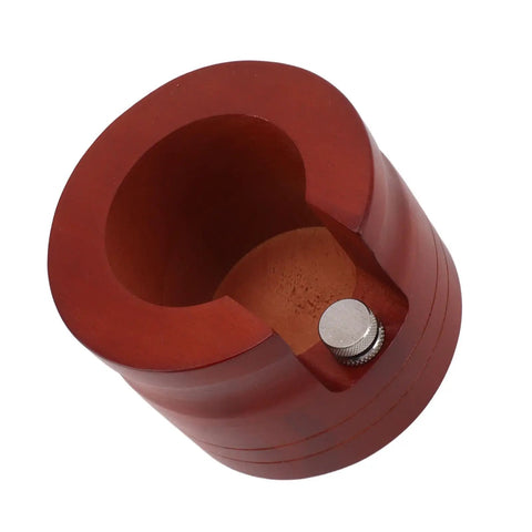 Top view of solid wood red portafilter holder stand, precision slot for tamping, fits 51mm and 54mm filters, espresso accessory.