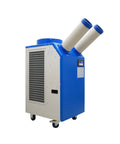 Heavy Duty Outdoor Air Conditioner Straight Up Industrial Powerhouse 220V Portable Cooling Unit With 18700 BTU extendable duct, blue build.