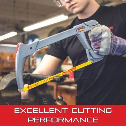 Person using Beefy High Tension Hacksaw Frame With Bi-Metal Safe-Flex Blade, 28000 PSI Tension, 12-Inch Blade, 4-3/8-Inch Throat