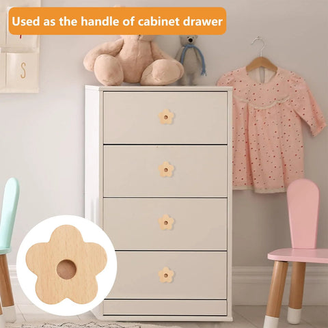 Flower Shaped Wooden Knobs Set Of 6 Natural Beech Wood Drawer Handles with single hole on dresser