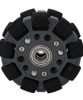 Robot omniwheel tire, 100 mm, gray hub with black rubber segments, front view