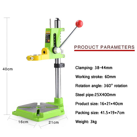 Heavy Duty Drill Press Stand With Clamp Support Tool 360 Rotation And 60mm Stroke For Wood Aluminum Iron Adjustable Bench Mount Steel Pipe, size 16x21x40cm.