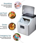 Portable Automatic Countertop Ice Cube Maker Cranks Out Forty Eight Pounds Daily With Quick Ten Minute Rounds Self Clean Design Saves Effort While You Fuel Yard Gatherings Or Super Bowl Watch Parties Silver Trim with ice cubes ready for drinks and food preparation.