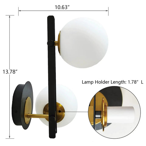 Black And Gold Globe Wall Sconce Set Two Light Fixture In Mid Mod Style Brass And Black Finish With Milk Glass Globes Ideal Wall Lighting For Bathroom Bedroom Hallway And Living Areas, showing detailed dimensions and angles.
