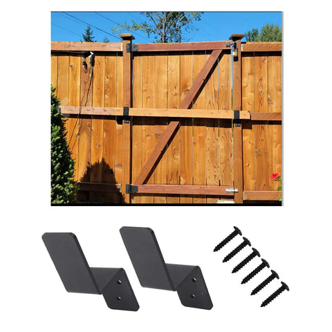 2x4 Door Barricade Brackets Z Shape Black Heavy Duty Security Lock Bar For Home Safety installed on wooden gate with screws