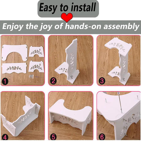 Assembly process of 7 Inch Toilet Stool For Easy Bowel Movements, Adult and Kid Friendly Bathroom Step Stool with Detachable Wood Board.