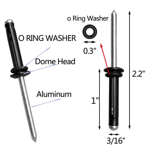 Hella Tough Kayak Rivet Gun Kit With 18 Pcs Waterproof Tri Grip Rivets And Extended Nose Manual Hand Tool For Marine Fixes Plus Durable Steel Build And Sweet Storage Lock, aluminum rivet with O-ring washer.