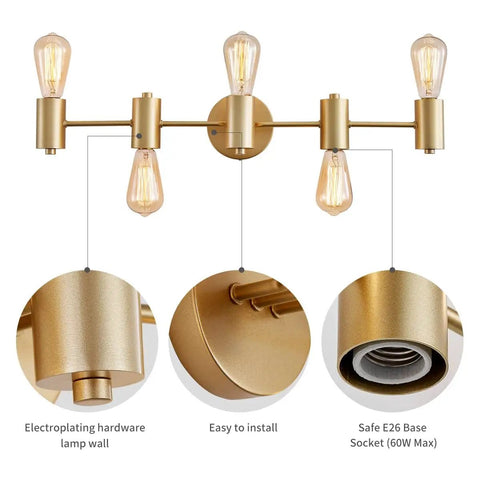 Five Light Vanity Fixture In Dope Gold Finish Over Mirror Modern Wall Sconces For Bedroom And Living Room E26 Base 28 Inch Long