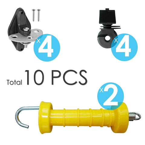 High Visibility Electric Fence Gate Handle Kit with 2 yellow handles, 4 anchors, 4 insulators, and screws for farms or ranches