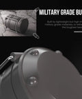 Close-up of Lichamp LED camping lantern, gray metal body with hanging ring.