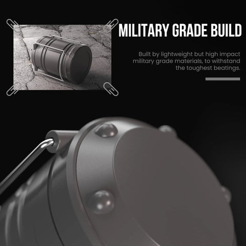 Close-up of Lichamp LED camping lantern, gray metal body with hanging ring.