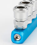 Close-up of Two Pack 3 Way One Half Inch Air Manifold Block Splitter Inline Fittings For Air Hose And Pneumatic Compressor System Durable Iron Silver Blue Finish Multi Port Splitter