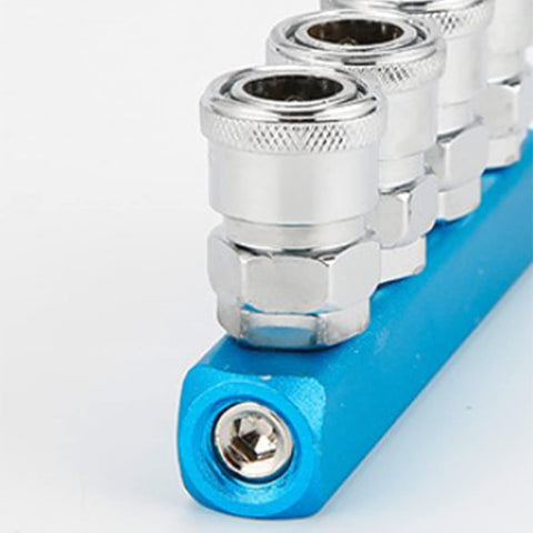 Close-up of Two Pack 3 Way One Half Inch Air Manifold Block Splitter Inline Fittings For Air Hose And Pneumatic Compressor System Durable Iron Silver Blue Finish Multi Port Splitter