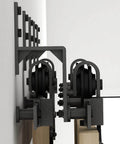 Side view of 5 Pack Wall Mount Bypass Door Brackets For Sliding Barn Door Hardware, Matte Black Steel, built tough for flat track systems.