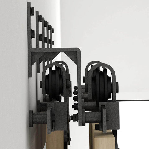 Side view of 5 Pack Wall Mount Bypass Door Brackets For Sliding Barn Door Hardware, Matte Black Steel, built tough for flat track systems.