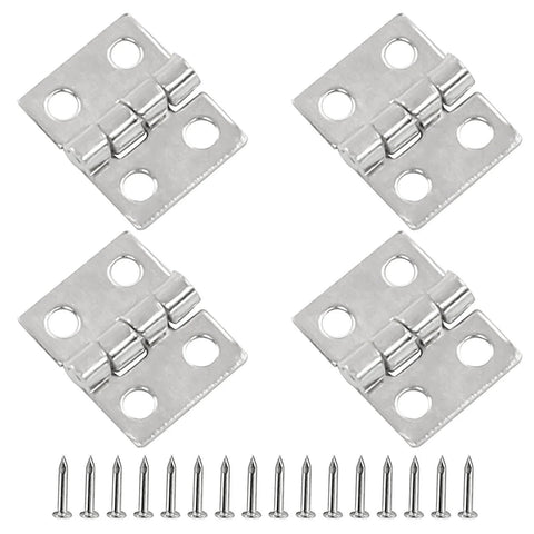 Mini Brass Hinges Set For Dollhouse Furniture And Jewelry Boxes 100 Pieces 10mm By 8mm 180 Degree Silver Tone with screws visible
