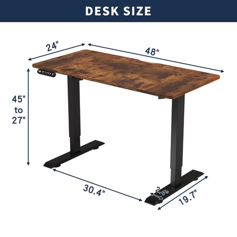 Rock Solid Electric Standing Desk With Dual Motor Lift System For Heavy Duty Home Office and Gaming Setup Adjustable Height Computer Table in Rich Rustic Brown Finish, dimensions 48" x 24".