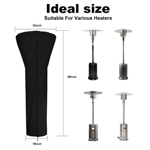 Heavy Duty Waterproof Patio Heater Cover for Standing Propane Heaters, 89 inches tall and 33 inches diameter, with windproof features.