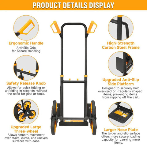 Heavy Duty Stair Climbing Cart With 330 Lb Capacity, 6 Wheel Folding Dolly And Telescoping Handle, Ergonomic Grip, Ideal For Moving Groceries, Boxes, And Bulky Items Up Stairs Or Across Floors, carbon steel frame