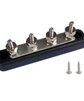 Heavy Duty Nickel Plated Brass Bus Bar With Heat Resistant Lid And M5 Studs Zero Sweat Wire Routing For Car Audio Marine Amp Power Junction Block Setup Black Finish with four M5 studs.