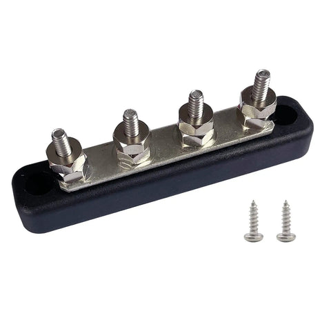 Heavy Duty Nickel Plated Brass Bus Bar With Heat Resistant Lid And M5 Studs Zero Sweat Wire Routing For Car Audio Marine Amp Power Junction Block Setup Black Finish with four M5 studs.