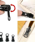 Three Size Zipper Repair Kit With Double Sided Sliders And Pulls For Jackets Luggage Backpacks And Outdoor Gear No Sew Installation Easy DIY Fix For Any Zipper No Sweat, including 3 sliders and installation on jacket zipper close-up.