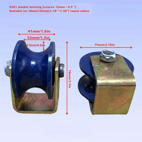 U-groove caster wheel set with cast-iron frame and blue 70mm wheel for inverted-track use (2 pcs)