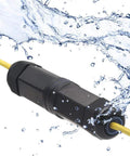 Waterproof RJ45 Coupler IP68 5.3 Inch Shielded Female To Female Ethernet Connector shown with water droplets for outdoor use