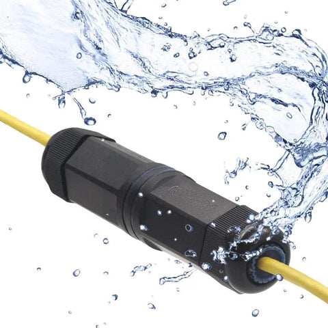Waterproof RJ45 Coupler IP68 5.3 Inch Shielded Female To Female Ethernet Connector shown with water droplets for outdoor use