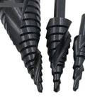 Heavy Duty 3 Piece Coated Cone Spiral Step Drill Bit Set With Triangle Shank For Metal Drilling And Hole Sawing Kits Ranging From 4 To 32 Mm Perfect Pro Grade Power Tools, black coated step drill bits with triangle shank