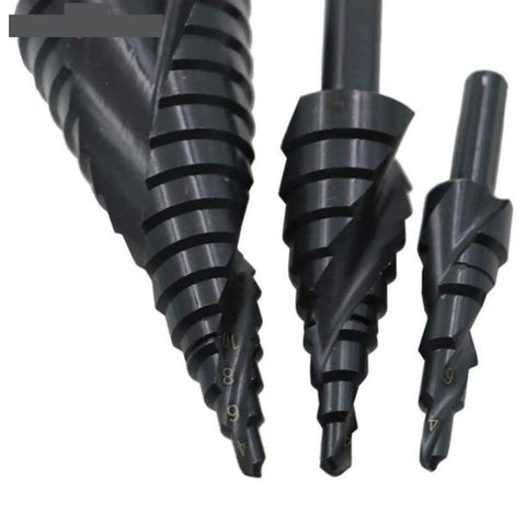 Heavy Duty 3 Piece Coated Cone Spiral Step Drill Bit Set With Triangle Shank For Metal Drilling And Hole Sawing Kits Ranging From 4 To 32 Mm Perfect Pro Grade Power Tools, black coated step drill bits with triangle shank