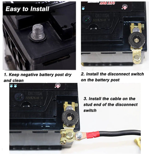 Installation process of Beefy Top Post Battery Disconnect Switch 12V 125A Quick Disconnect For Cars Trucks Marine RV, showing step-by-step guide.