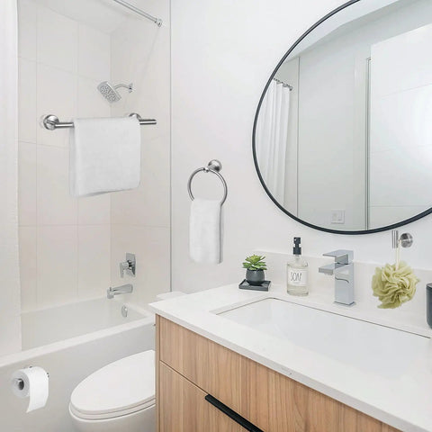 Modern bathroom with brushed nickel towel rack set, featuring a wall-mounted SUS304 stainless steel dope durable towel bar.