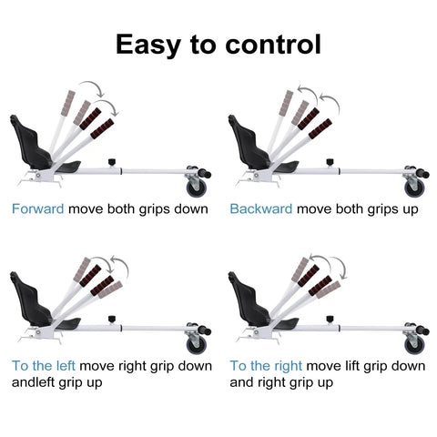 Go Kart Seat Attachment For 6.5 To 10 Inch Self Balancing Scooters, Adjustable Frame movement directions illustration